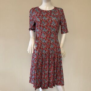 ESCADA Floral Pleated Knit A-Line Dress Half Sleeve Red Blue Size 38